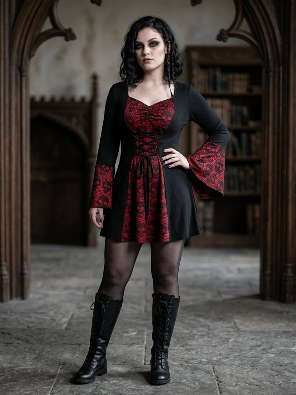 Gothic Red Skull Lace-Up Corset Mini Dress - Bell Flare Sleeve - Size S